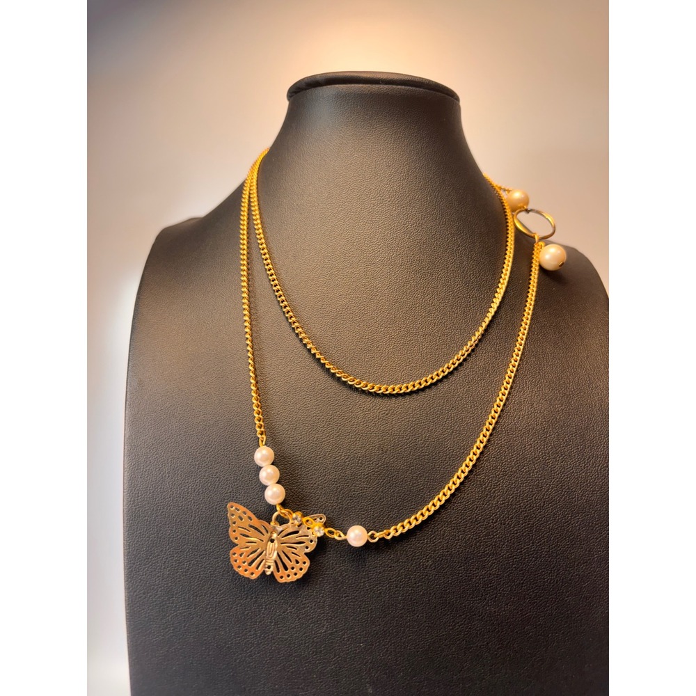 Vintage Butterfly Faux Pearl Layered Chain Necklace Gold Tone Eclectic